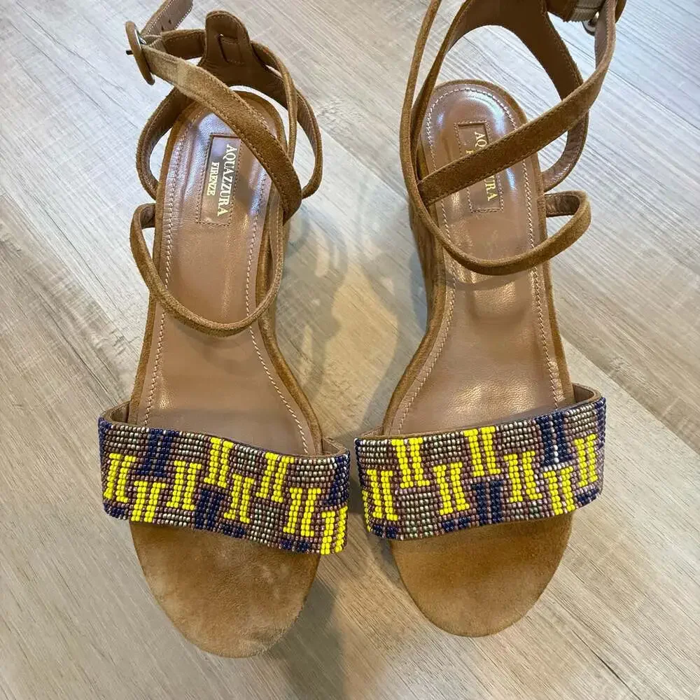 Sandals Aquazzura Firenze Beaded Suede Platform Wedge Sandals Size 38.5